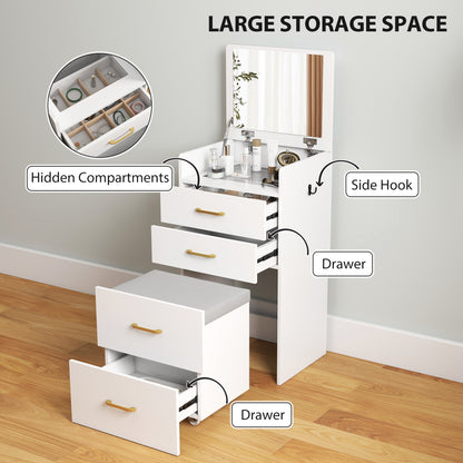 Compact Dressing Table and Stool Set, with Storage - White