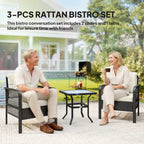 Outsunny 3 Pieces Rattan Bistro Set with Glass Top Coffee Table, Chairs and Cushions for Outdoor, Patio, Balcony, Cream
