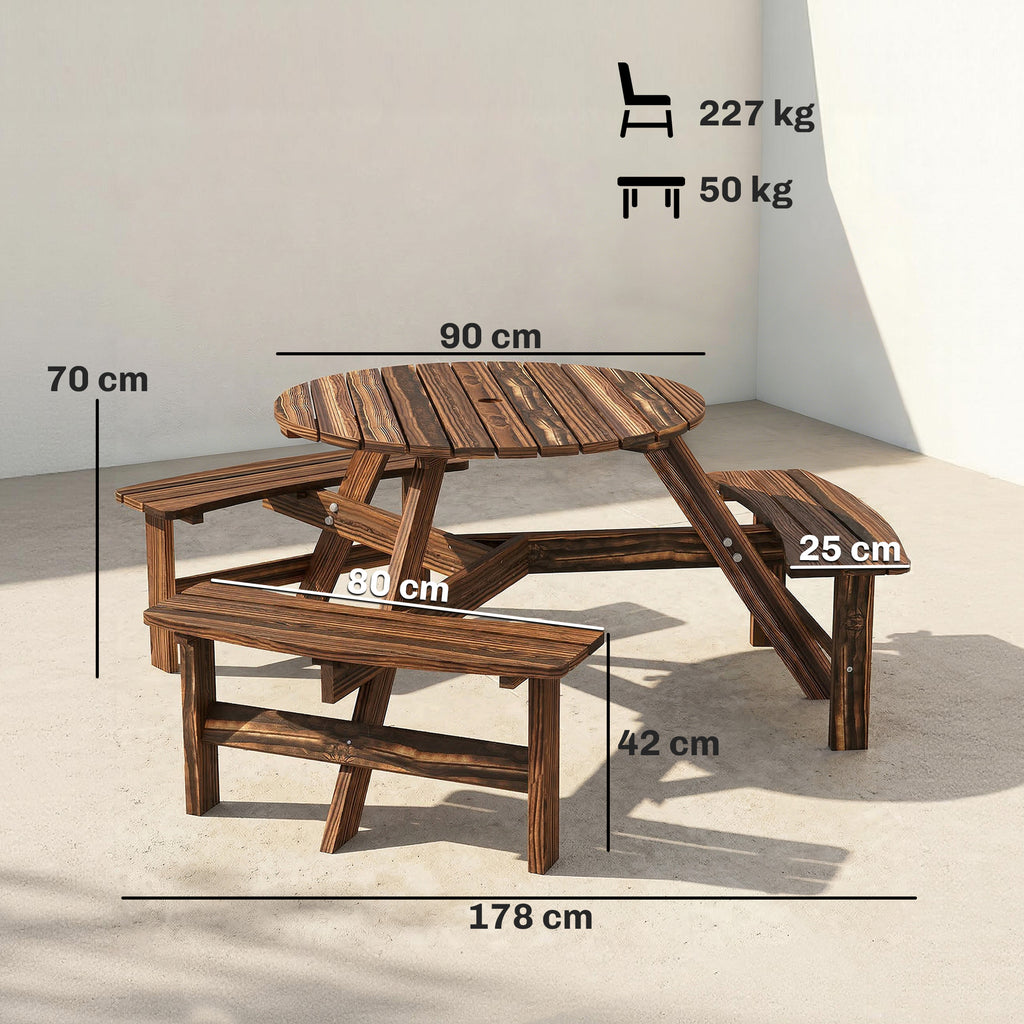 Outsunny Wooden Garden Dining Set, 6 Seater Round Dining Picnic Table with Matching Bench, Garden Furniture Set with Parasol Hole for Outdoor Patio Party and Family Gatherings, Carbonized