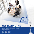 16'' Pedestal Stand Fan, 3 Speed 3 Mode, 85° Oscillation, LED Panel, 3M Remote Controller, Height Adjustable for Living Room, Bedroom, Garage, Office, Black and White