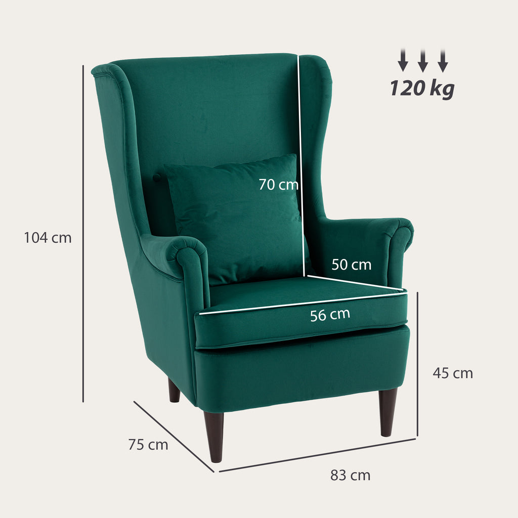 HOMCOM Modern Accent Chair with High Backrest and Pillow, Velvet-Feel Fabric Reading Chair with Solid Wood Legs, Green