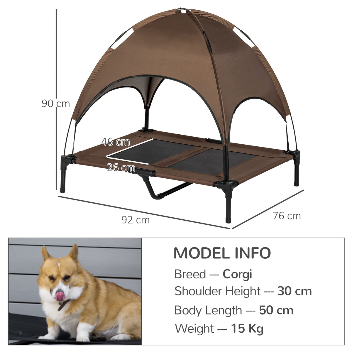 PawHut Outdoor Dog Bed with Removable Canopy, Portable Raised Dog Bed for Camping, Garden & Beach, Water-Resistant UV-Protection Mesh Pet Cot Sun Lounger, for Large Pets, 92 x 76 x 90 cm, Brown