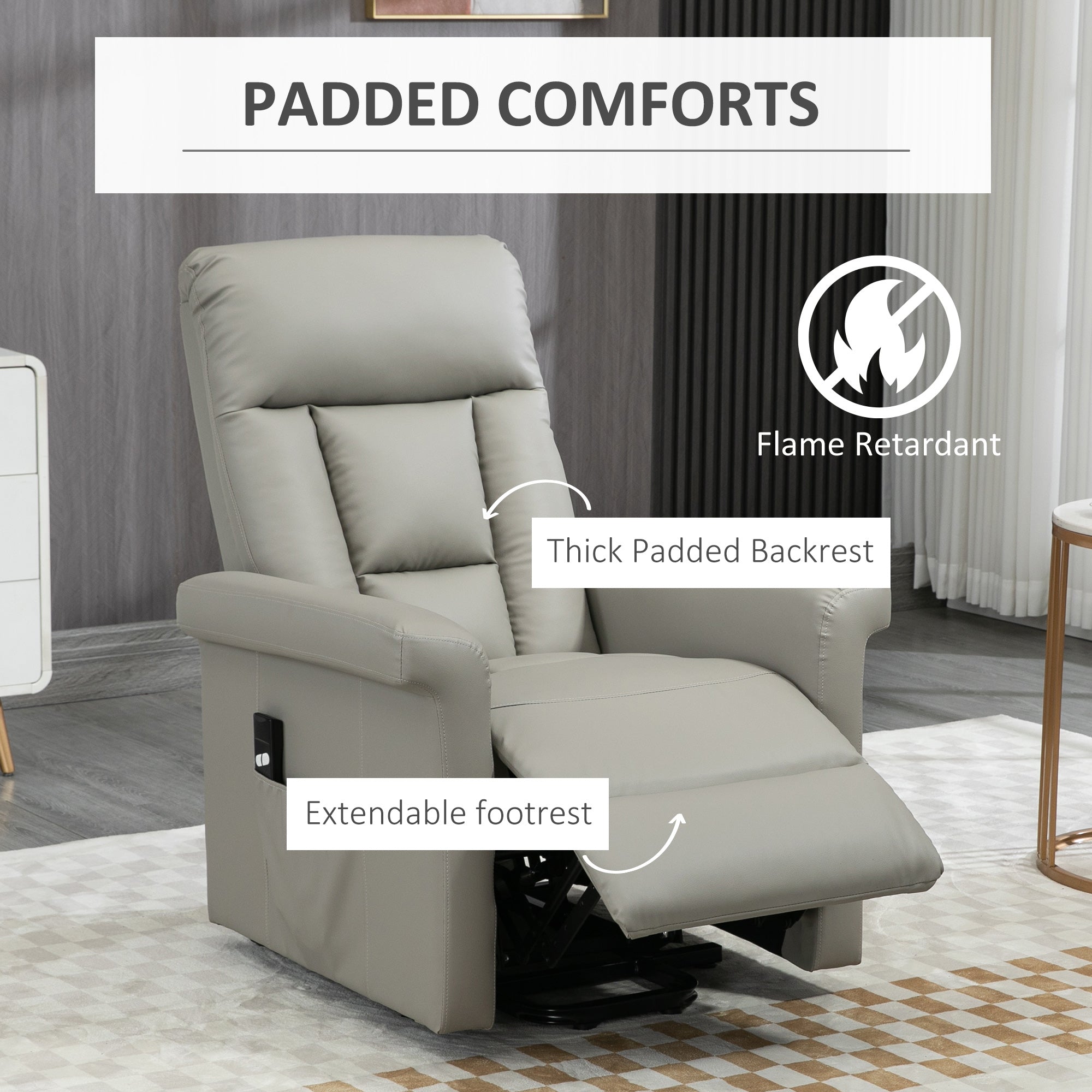 HOMCOM Power Lift Chair Armchair for the Elderly, PU Leather Recliner Chair with Extended Footrest, Remote Control and Side Pocket, Grey