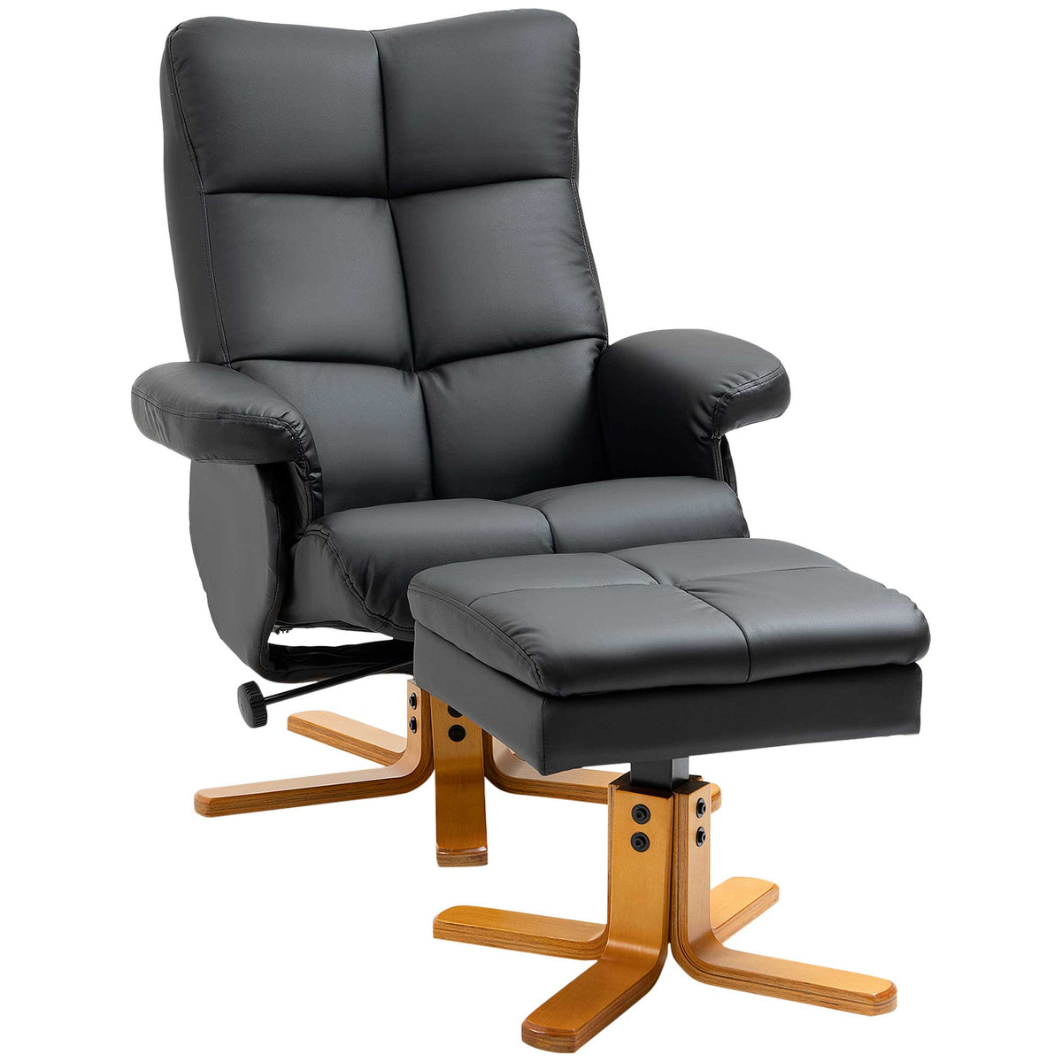 PU Leather Swivel Recliner Chair with Footstool, Wooden Base and Storage for Living Room, Black