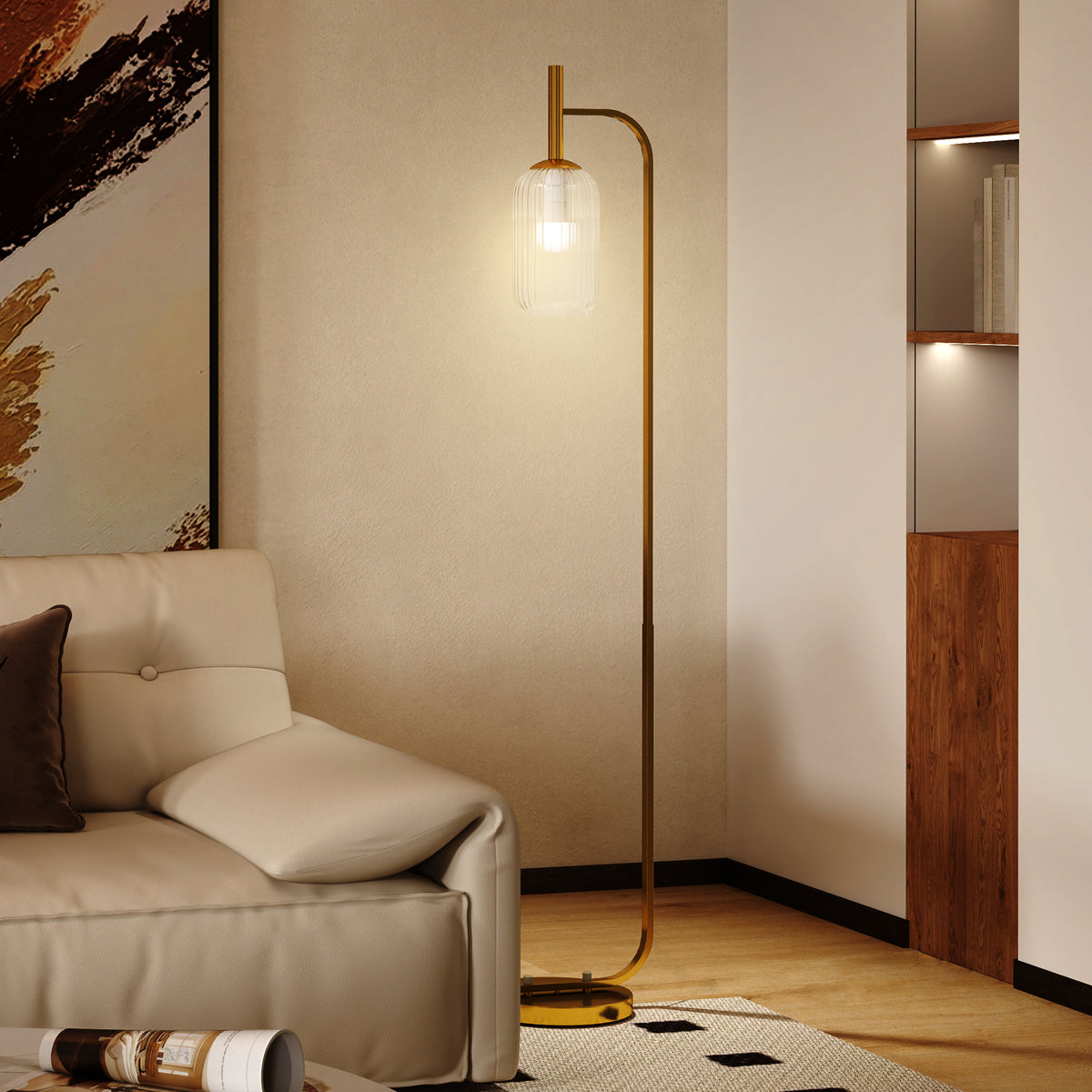LED Floor Lamp for Living Room with Glass Lampshade, Modern Standing Lamp with Foot Switch, Adjustable Brightness, 2700K for Bedroom, Gold Tone