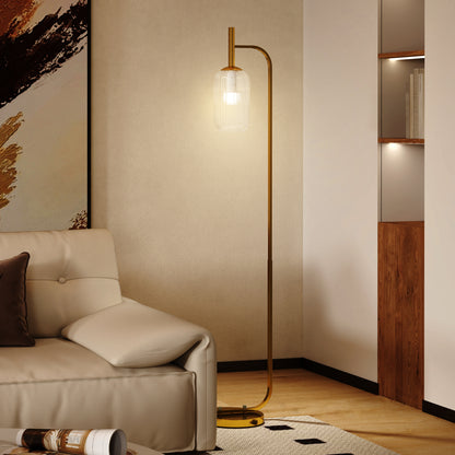 LED Floor Lamp for Living Room with Glass Lampshade, Modern Standing Lamp with Foot Switch, Adjustable Brightness, 2700K for Bedroom, Gold Tone