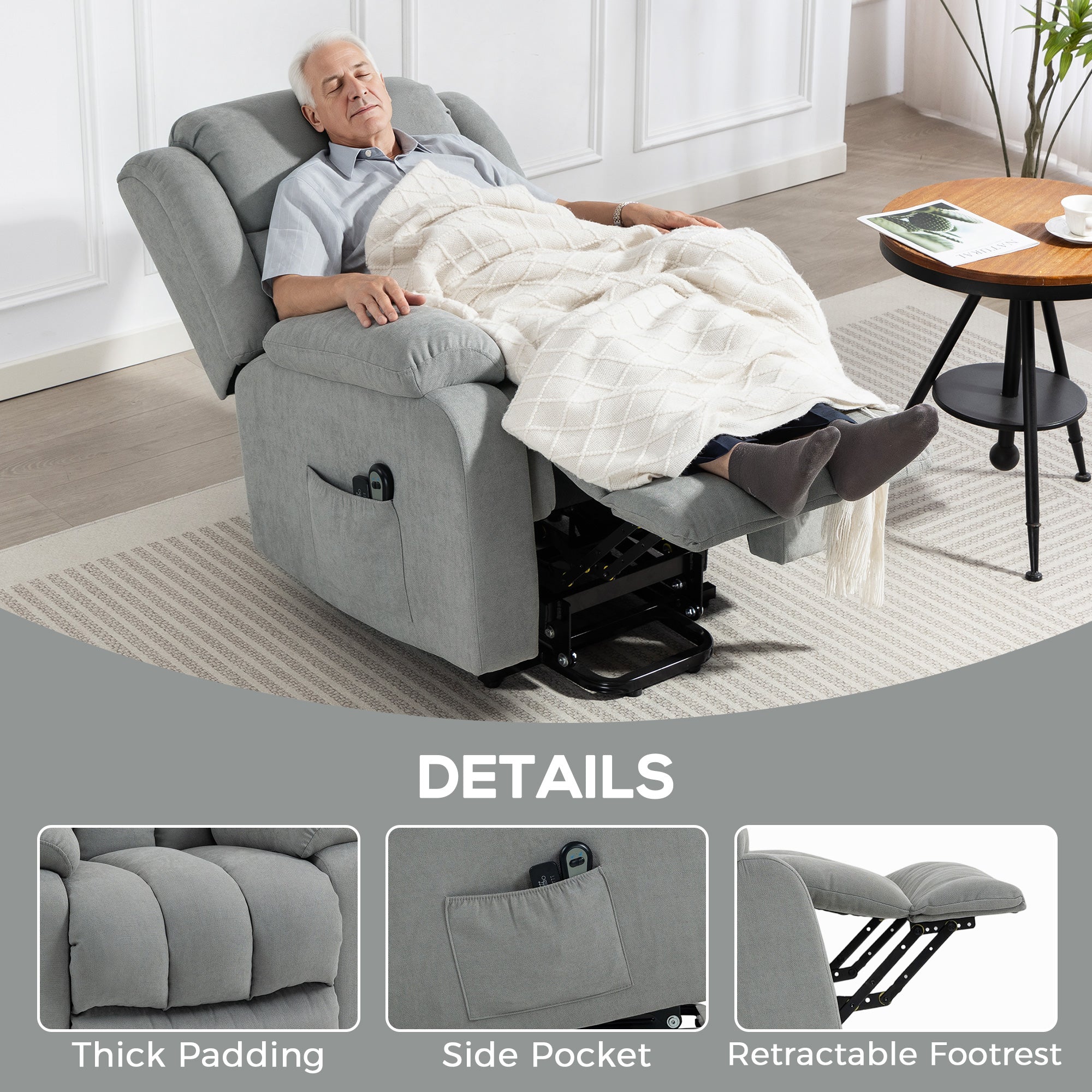 HOMCOM Power Lift Recliner Chair with Vibration Massage, Lift Chair for Elderly with Footrest, Remote, Side Pocket, Light Grey