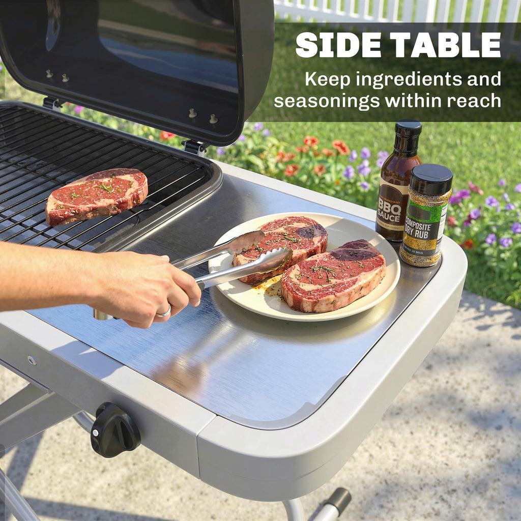 Outsunny Foldable Gas BBQ Grill with Side Table, Portable Gas Barbecue Grill with Thermometer, Grease Box, Wheels, 2.5 kW, Black