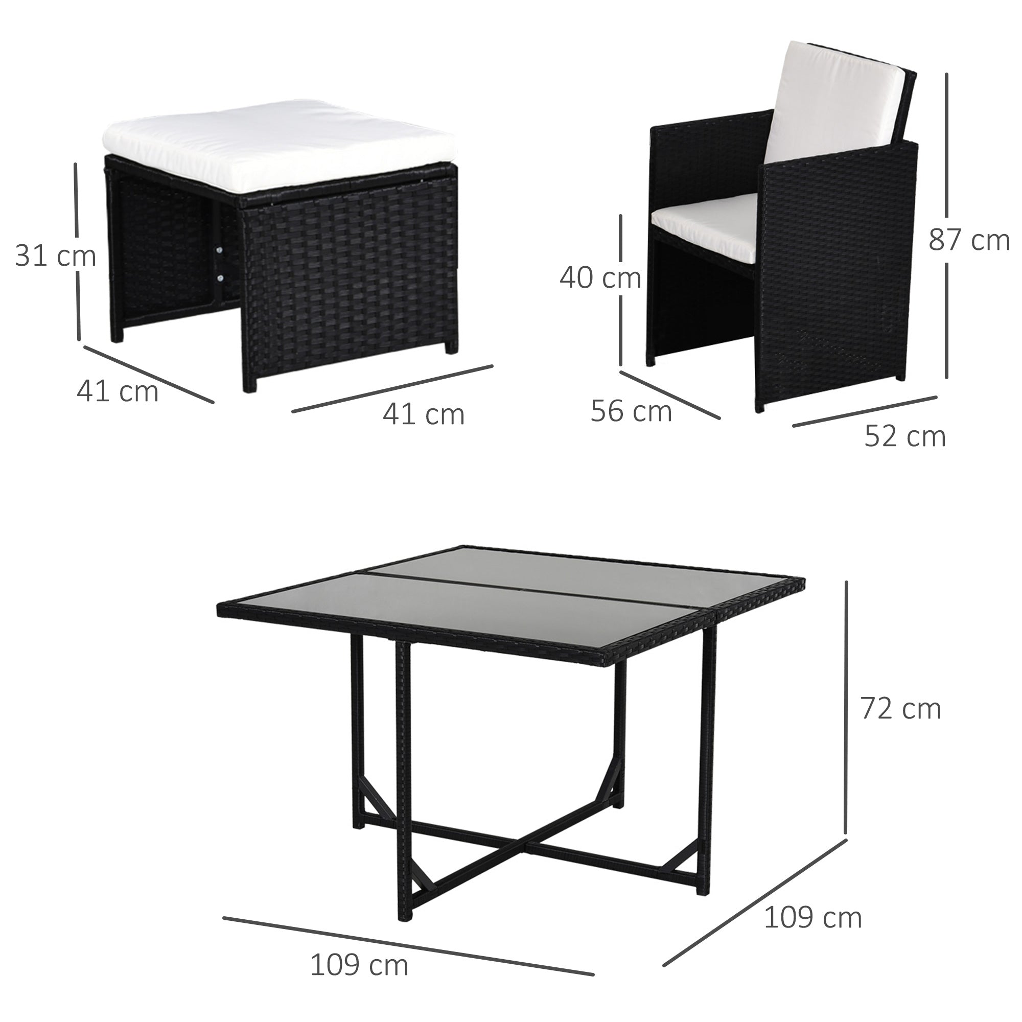 Outsunny 9 Piece Rattan Cube Garden Furniture Dining Set with Armchairs, Footstools and Glass-Top Table, Black
