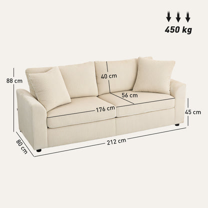 Modern 3 Seater Sofa with Spring Cushion, 212 cm Fabric Jumbo Cord Sofa Couch with 2 Scatter Cushions, Upholstered Corduroy Settee for Living Room, Bedroom, Home Office, Cream White