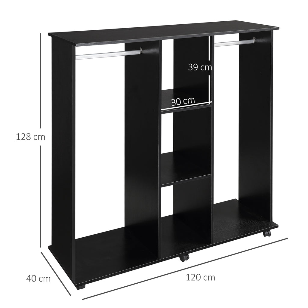 Open Wardrobe Double Mobile Storage Shelves Organizer W/6 Wheels-Black