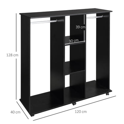 Open Wardrobe Double Mobile Storage Shelves Organizer W/6 Wheels-Black