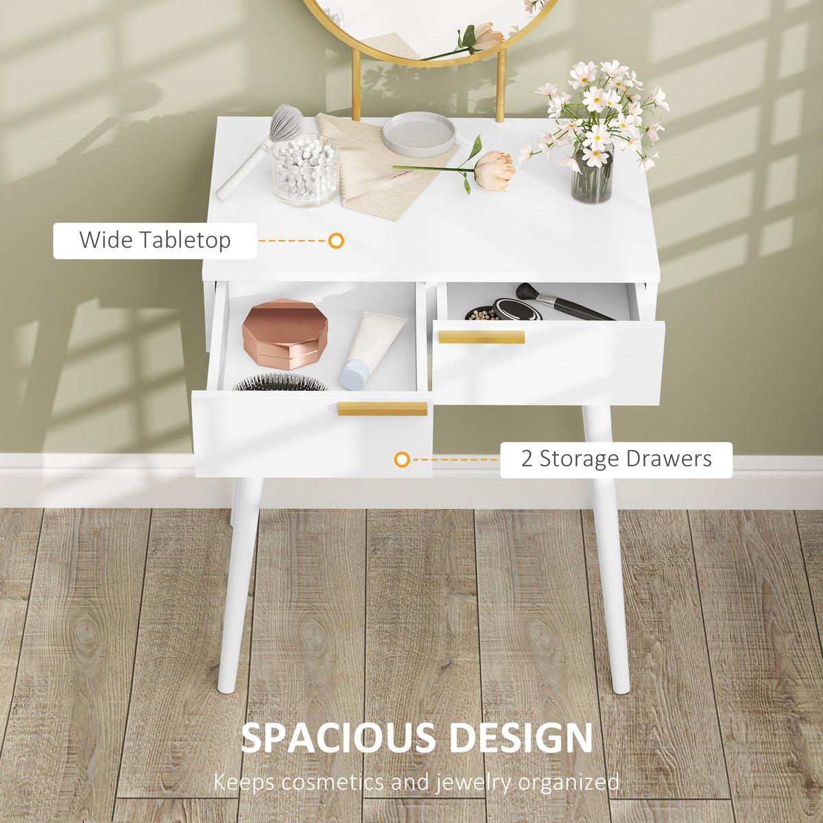 Elegant Dressing Table, with Round Mirror, 60 x 40 x 123 cm - White