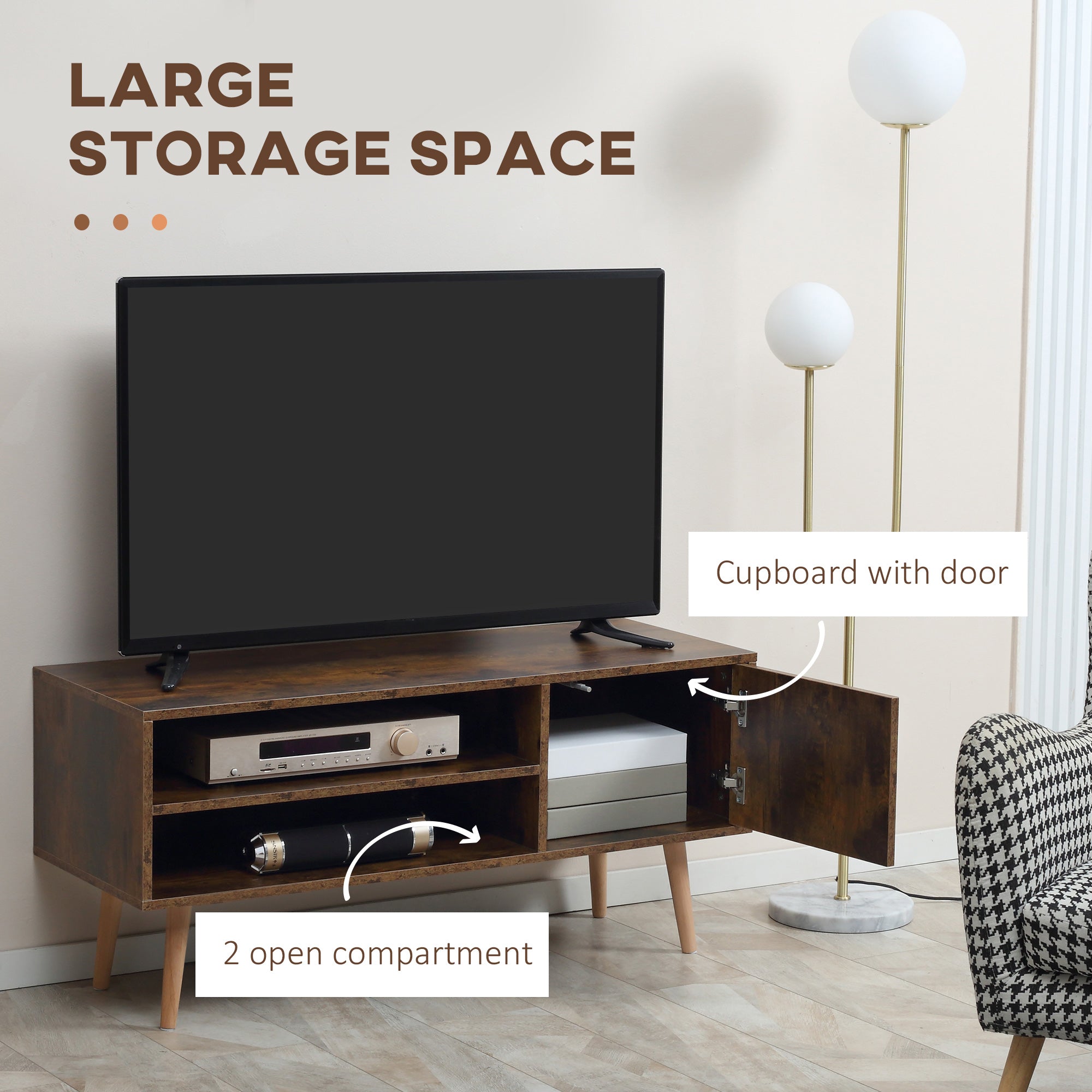 TV Stand Cabinet up to 55 Inches, TV Unit with Single Door and Open Shelves, Cable Holes for Living Room, Bedroom, Brown