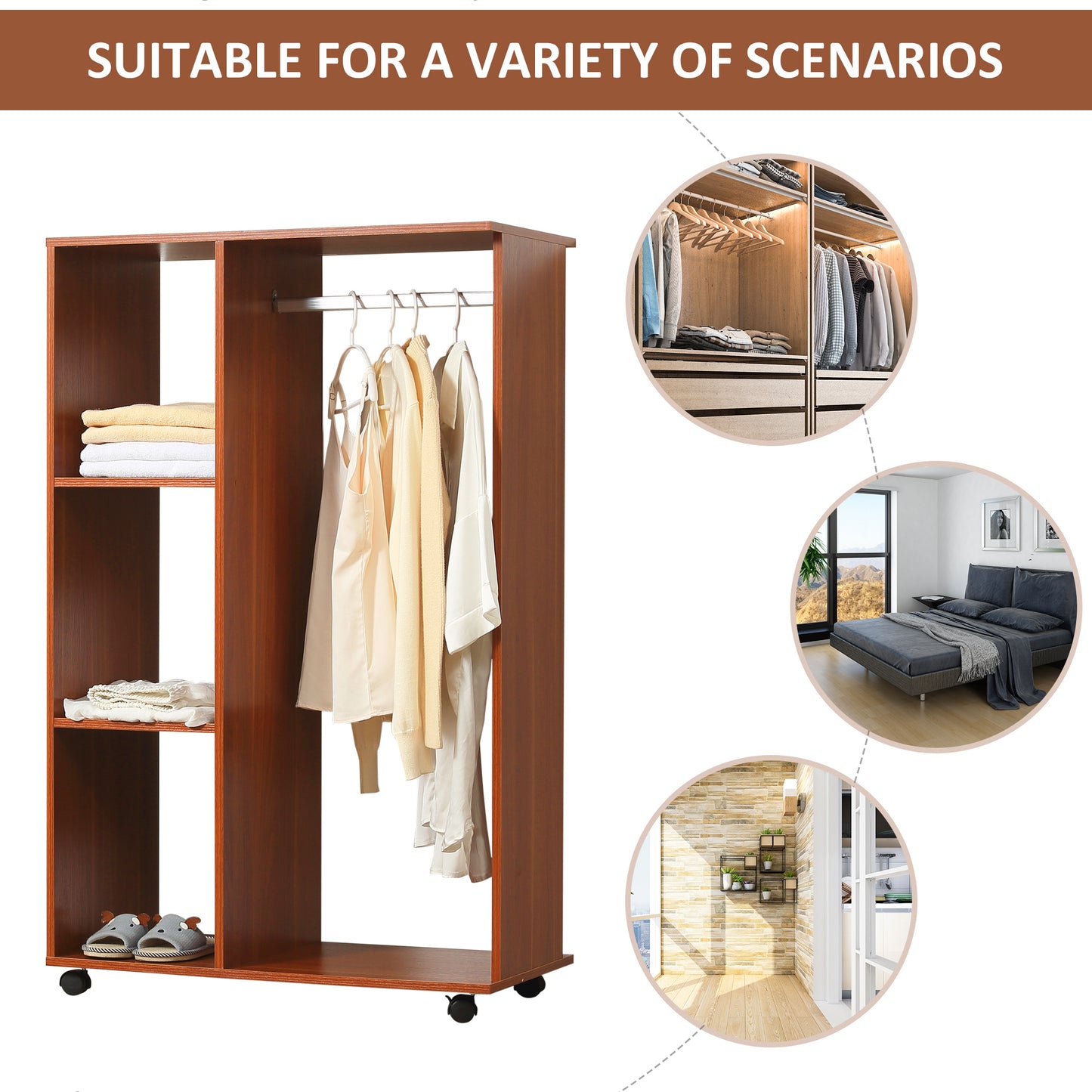 Open Wardrobe on Wheels, Bedroom Wardrobe with Clothes Hanging Rail, 3 Storage Shelves, Mobile Garment Rack for Cloakroom, Hallway, Walnut
