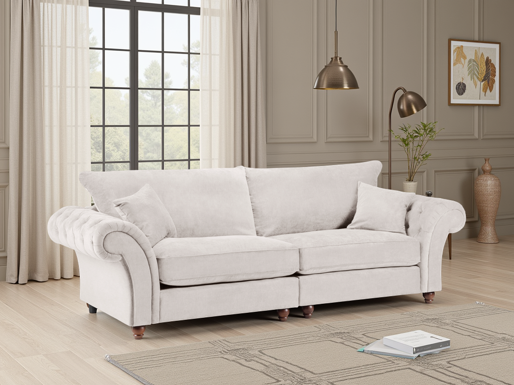 Windsor Fullback Stone 4-Seater Sofa: Elegant Tufted Arms, Comfy Foam Cushions
