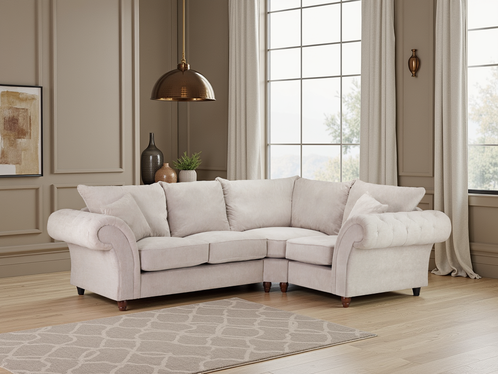 Windsor Fullback Stone Right Corner Sofa with Button-Tufted Arms
