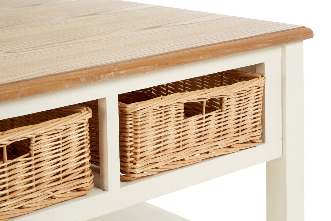 Dakota Cream Coffee Table with Rattan Storage Baskets