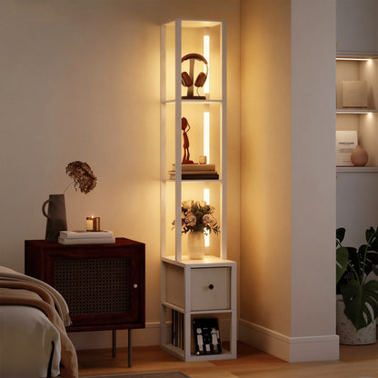 Floor Lamp with Shelves, LED Column Modern Standing Lamp with Fabric Drawer, Adjustable Brightness, Foot Switch for Living Room, Bedroom, Office, White