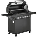 Outsunny 6+1 Burner Gas BBQ Grill, Outdoor Barbecue Trolley with Wheels, Warming Rack, Thermometer, Bottle Opener, Black