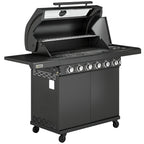 Outsunny 6+1 Burner Gas BBQ Grill, Outdoor Barbecue Trolley with Wheels, Warming Rack, Thermometer, Bottle Opener, Black