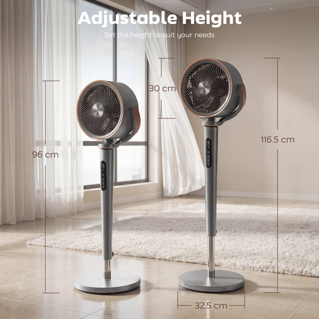 20dB Silent Standing Fan, 70°+90° Auto Oscillating Fan with 12 Speeds, LED Light, Air Circulator, Remote Control, 12H Timer, for Bedroom, 46 Inch, Grey