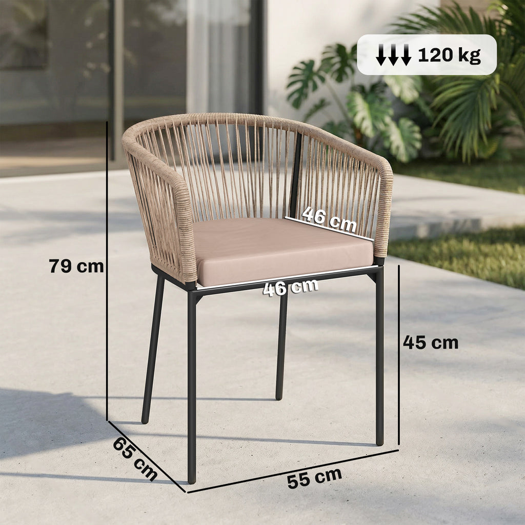 Outsunny Garden Chairs Set of 2, Rattan Garden Dining Chairs with String Back Armrests, Cushions, Natural Wood Finish