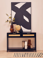 Shaniya Black Wood and Rattan Two Drawer Console Table