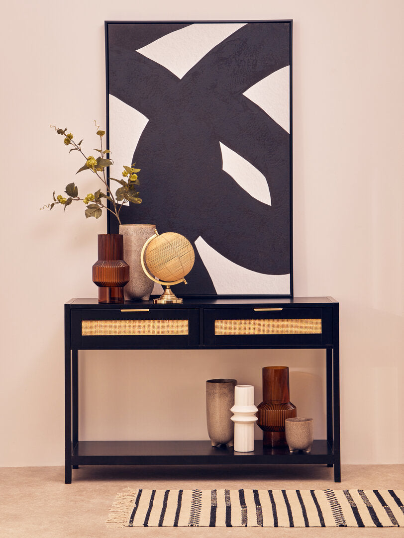 Shaniya Black Wood and Rattan Two Drawer Console Table