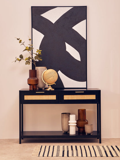 Shaniya Black Wood and Rattan Two Drawer Console Table