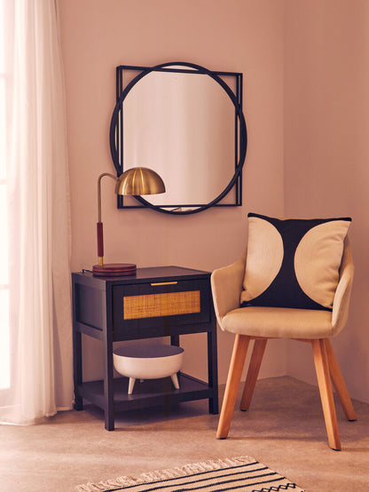 Shaniya Black Wood and Natural Rattan One Drawer Bedside Table