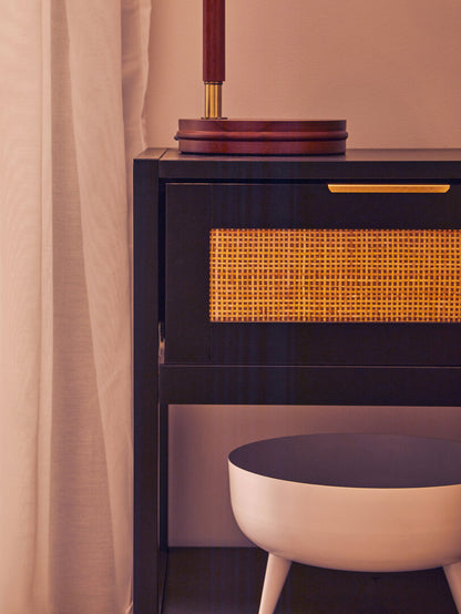 Shaniya Black Wood and Natural Rattan One Drawer Bedside Table