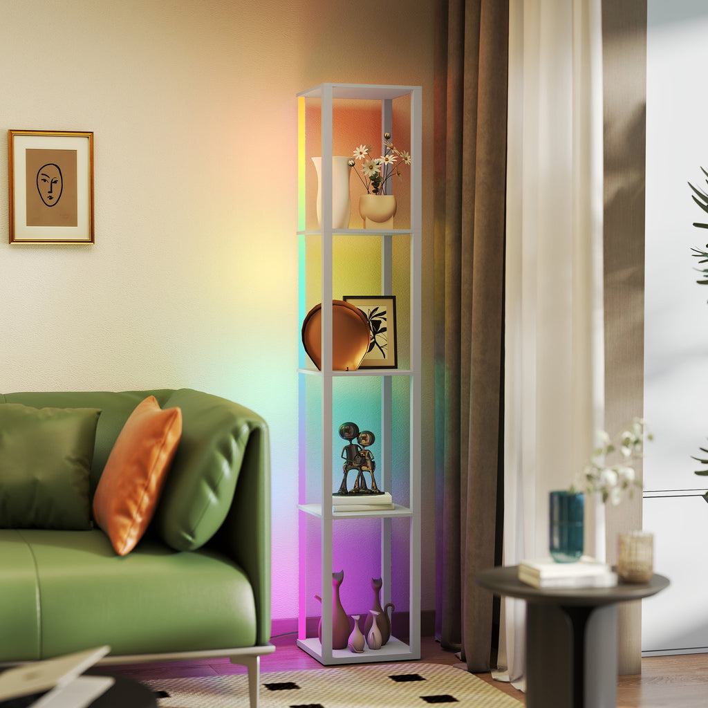 RGB LED Floor Lamp with Shelves, Modern Dimmable Standing Lamp with Remote Control, Adjustable Brightness & Speed for Living Room, Bedroom, Office, Grey