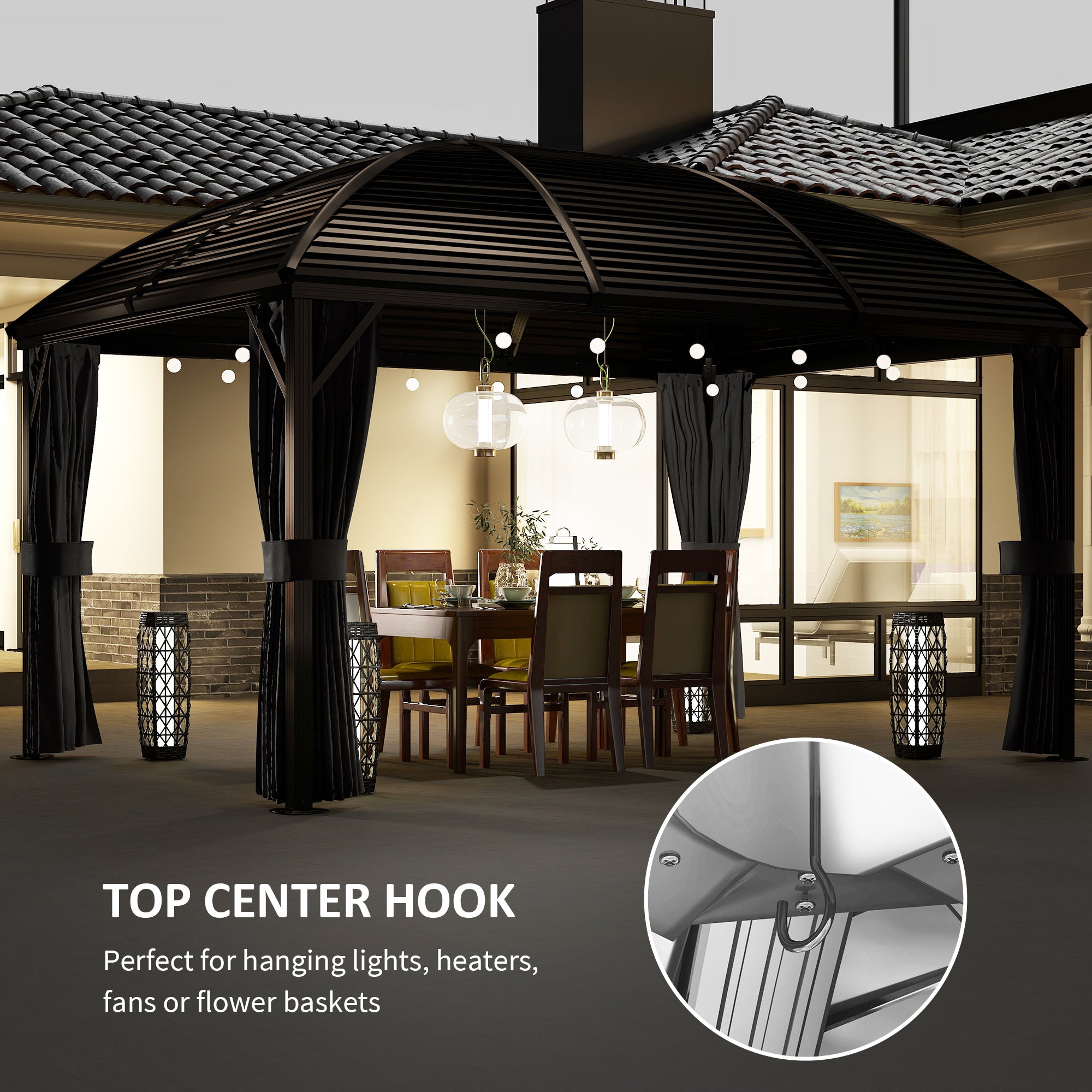 Outsunny 3 x 4m Hardtop Gazebo Canopy with Metal Roof, Aluminium Gazebo Permanent Pavilion with Netting and Curtains, Dark Grey