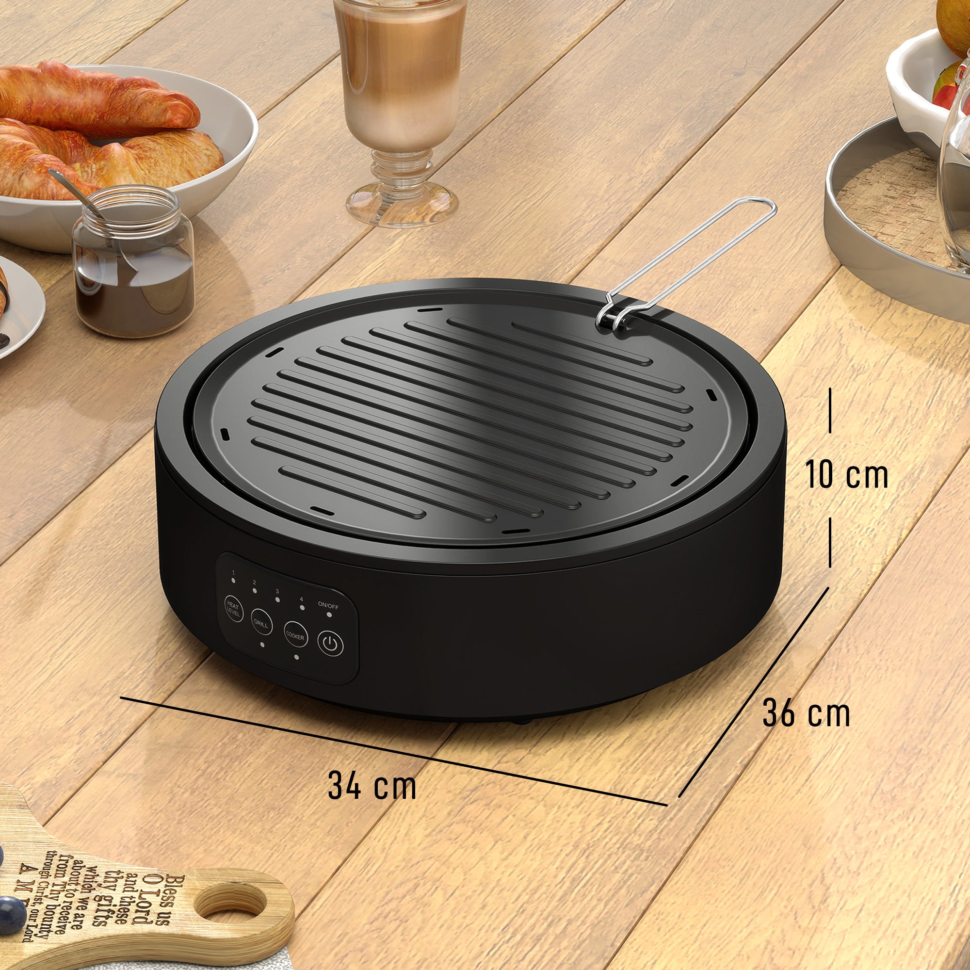 Electric Ceramic Hob with Grill Plate, Multifunctional 36cm Plug in Electric Hob with 4 Heat Levels for All Type Pot