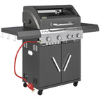 Outsunny 4+1 Burner Gas BBQ Grill with Clear View Lid, Portable Gas Barbecue Grill with Built-in Thermometer, Side Table, Cabinet, Wheels, Grease Tray for Garden Party Outdoor Cooking, Black