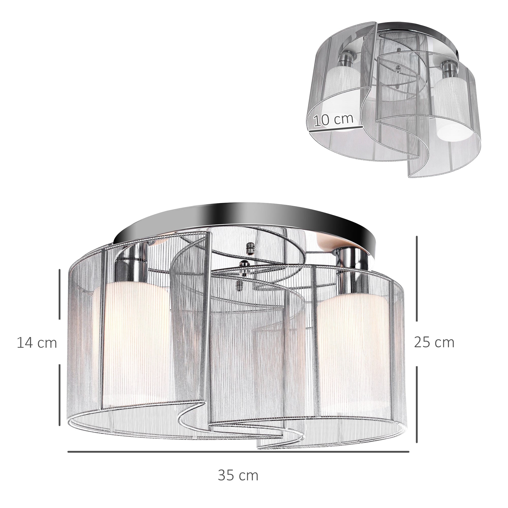 Modern Chandelier, Semi-Flush Mount Ceiling Light with Glass Lampshade, 2 x E27 Bulb Base for Hallway, Dining Room, Living Room, White and Silver