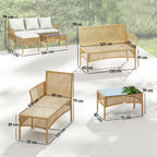 Outsunny 3 Piece Rattan Garden Furniture Corner Sofa Set with Chaise Lounge, Loveseat, Glass Coffee Table, Cushions, Natural Wood