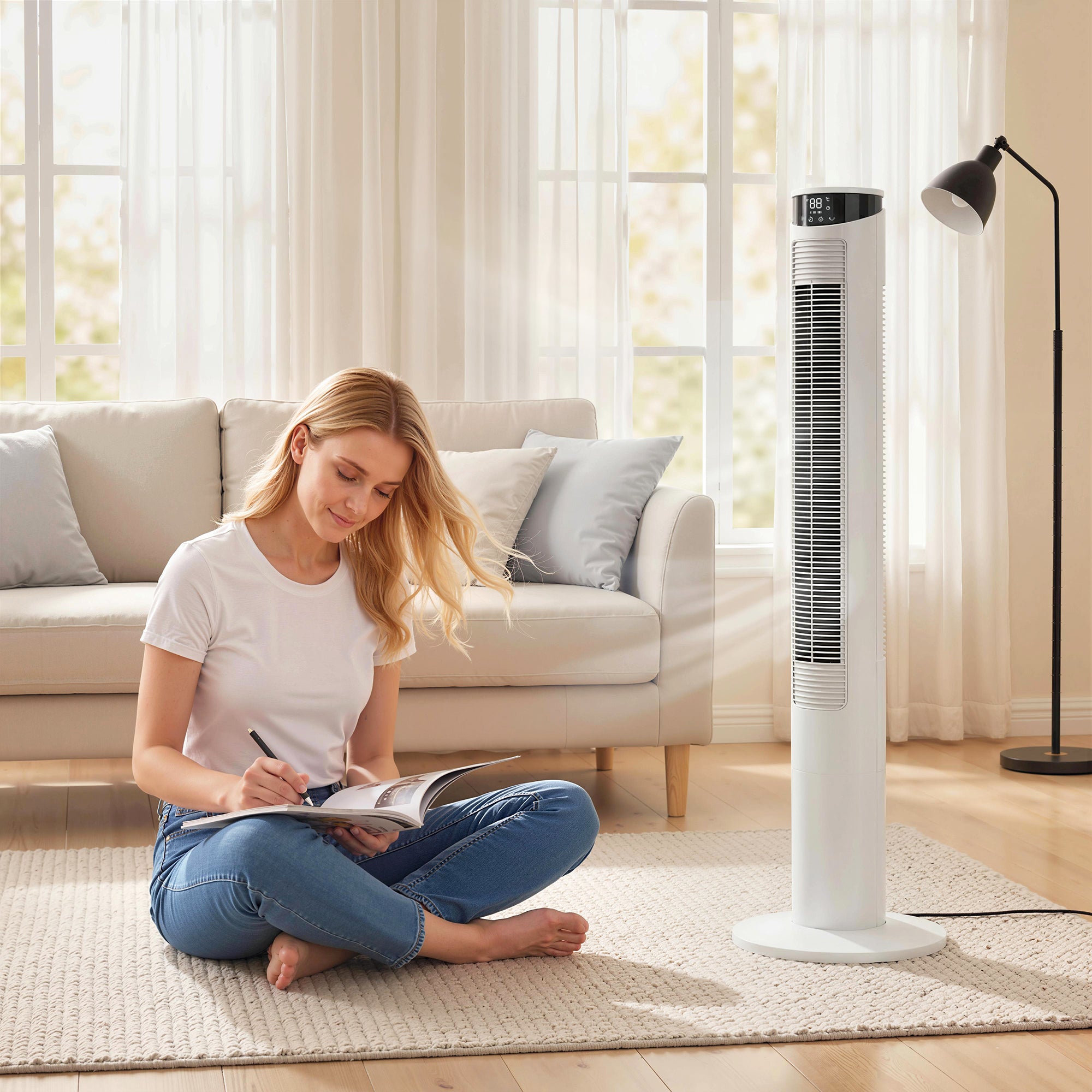 Tower Fan with WiFi Control Standing Floor Fan with Remote Control 116 cm White