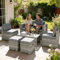 Outsunny 6 Piece Rattan Garden Furniture Set, Nesting Patio Conversation Set with Loveseat, Chairs, Table, Footstools, Dark Grey