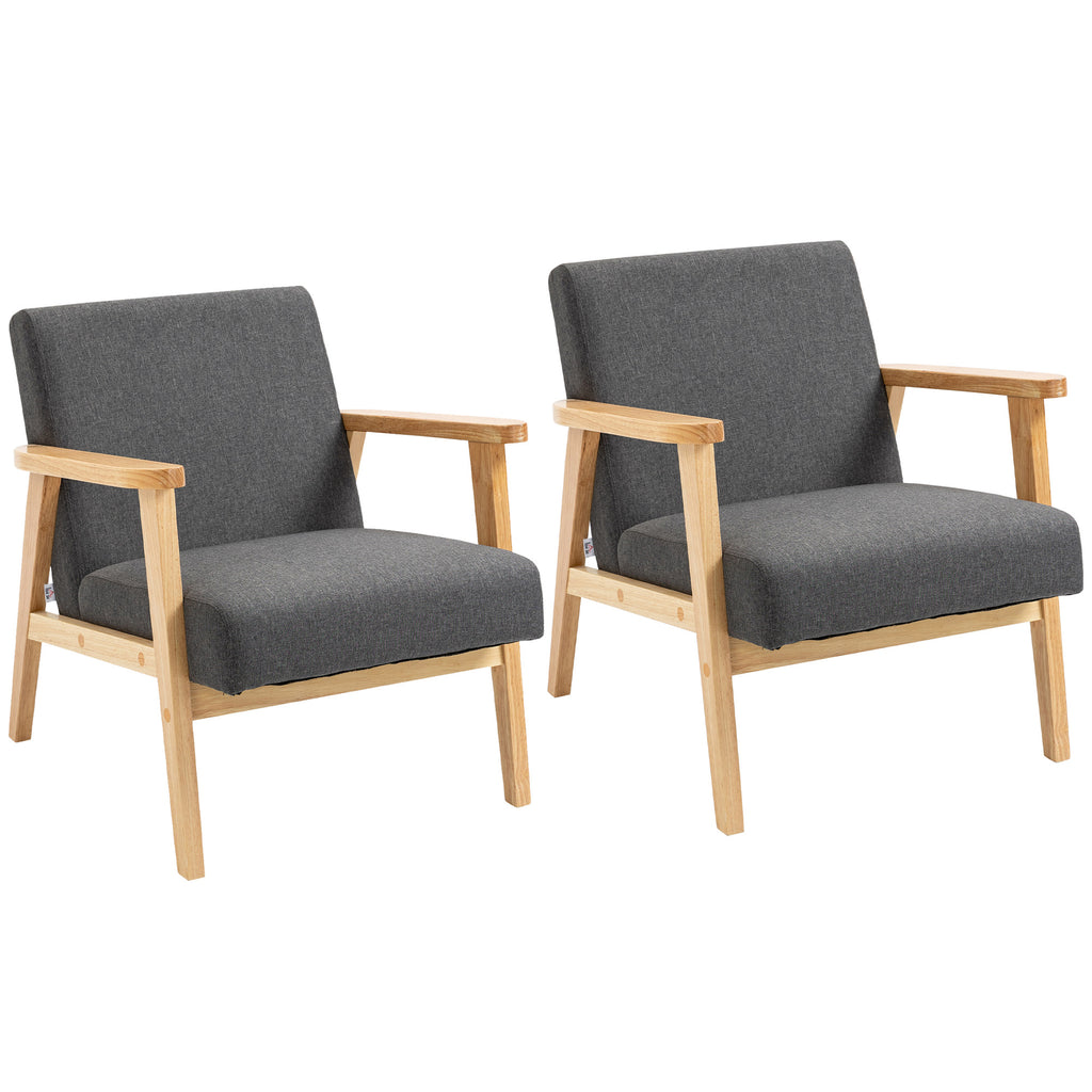 HOMCOM Set of 2 Accent Armchair, Living Room Chair, Wooden Upholstered Single Lounge Chair with Rubber Wood Legs and Padded Seat, Leisure Sofa Chair for Bedroom Office, Dark Grey