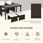 Outsunny 2 Seater Rattan Cube Garden Furniture Set, Rattan Dining Set with Cushions, Outdoor Dining Table and Chairs with 2 Armchairs, 2 Stools, Rectangular Glass Top Table for Patio, Balcony, Brown