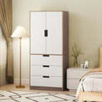 Modern Clothes Storage Cupboard Unit, 3 Drawer 2 Door Wardrobe with Hanging Rod, White/Brown