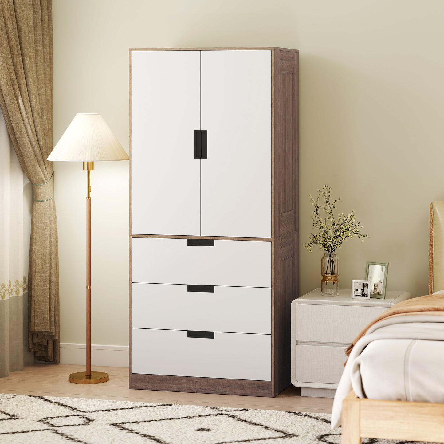 Modern Clothes Storage Cupboard Unit, 3 Drawer 2 Door Wardrobe with Hanging Rod, White/Brown