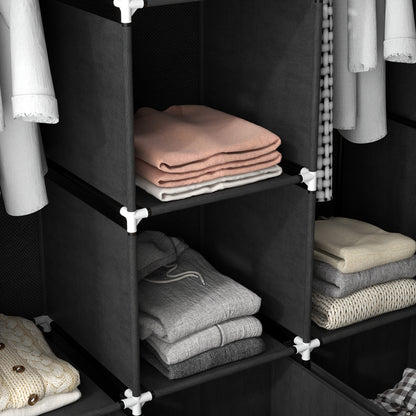 Foldable Fabric Wardrobe for Bedroom, Portable Wardrobe with 5 Shelves, 2 Hanging Rails and 3 Fabric Drawers, Black