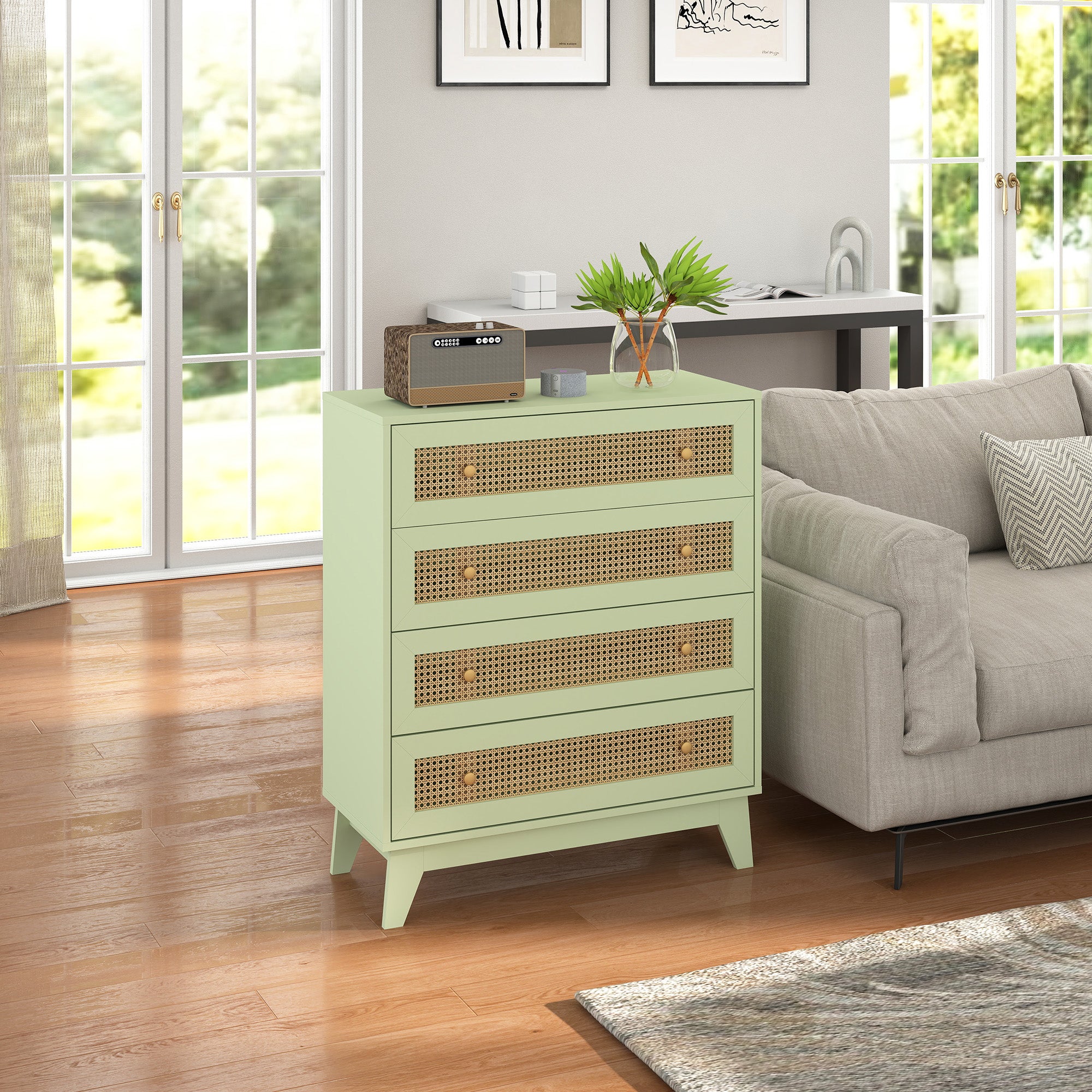 HOMCOM Rattan Chest of Drawers, 4 Drawer Storage Unit with Tapered Legs, Bedroom Storage Organiser Dresser for Bedside, Entryway, Hallway, Living Room, Light Green