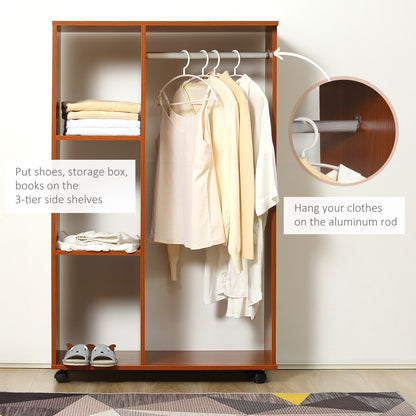 Open Wardrobe on Wheels, Bedroom Wardrobe with Clothes Hanging Rail, 3 Storage Shelves, Mobile Garment Rack for Cloakroom, Hallway, Walnut