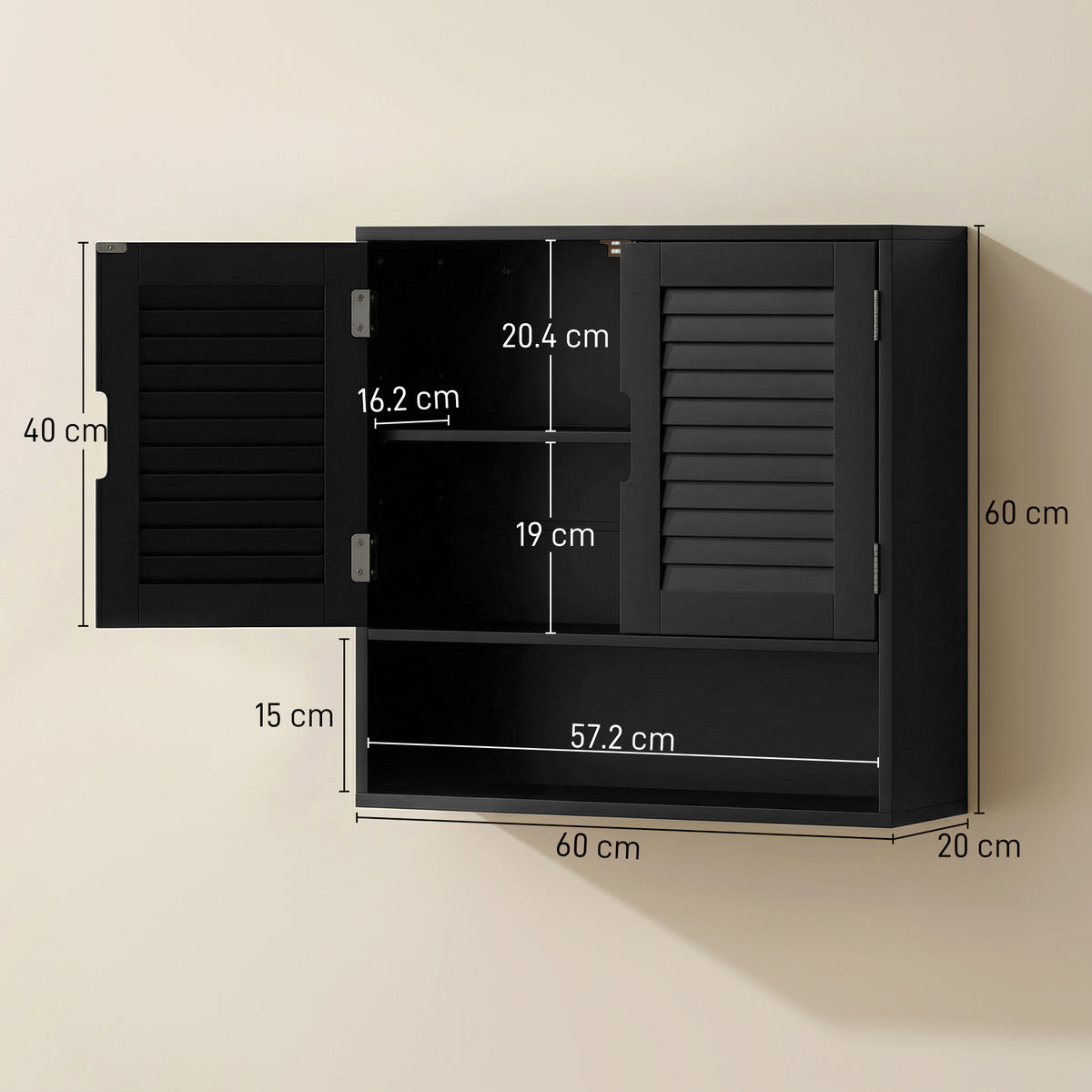 Bathroom Cabinet, Wall Mounted Storage Cabinet with Adjustable Shelves, 60 x 20 x 60 cm, Black