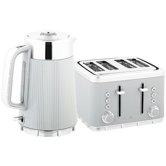 Electric Stainless Steel Kettle and Toaster Set, 3000W 1.7L UK Strix Thermostat Fast Boil Kettle w/ Limescale Filter, Cool Touch Body, 4 Slice Toaster with 7 Browning Levels, Taupe