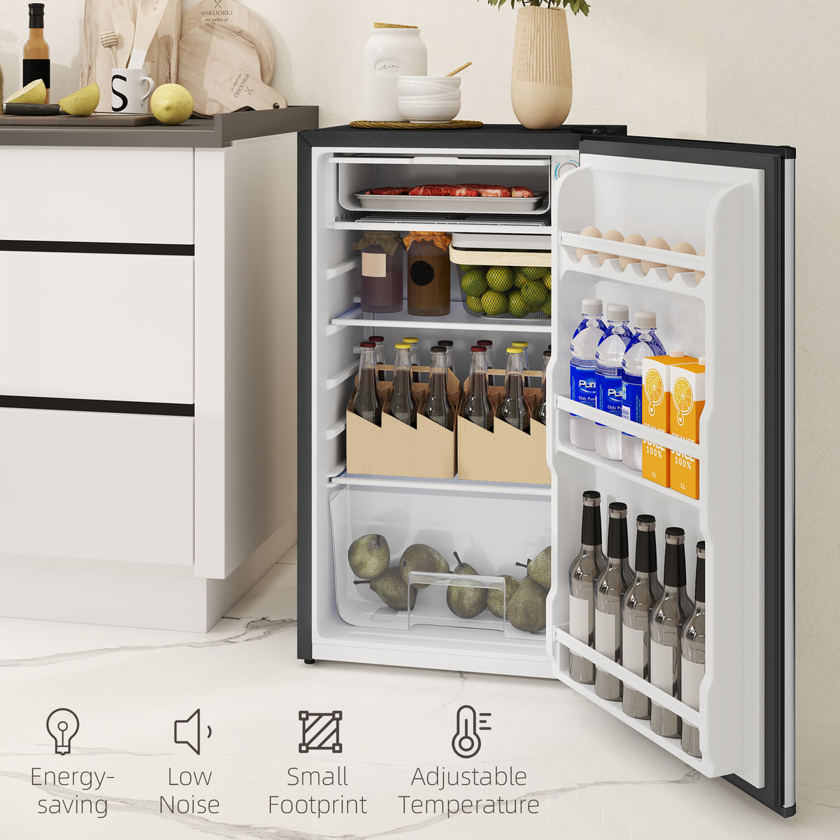 Under Counter Fridge, 91L Small Fridge with Chiller Box, Removable Shelf, Reversible Door, Adjustable Legs, Mini Refrigerator,  Silver Tone